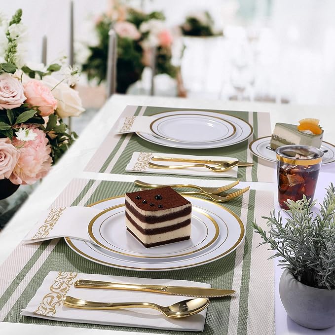 FOCUSLINE 350 Ct Disposable Dinnerware Set for 50 Guests -Heavy Duty Plastic Plates with Gold Rim, Includes 50 Dinner & Salad Plates, Cups, Napkins, Cutlery Set
