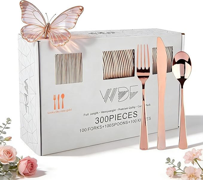 WDF 300 Pieces Rose Gold Plastic Silverware- Disposable Flatware Set - Heavy Duty Plastic Cutlery Includes 100 Forks, 100 Spoons, 100 Knives Perfect for Wedding/Party/Birthday/Mother's Day