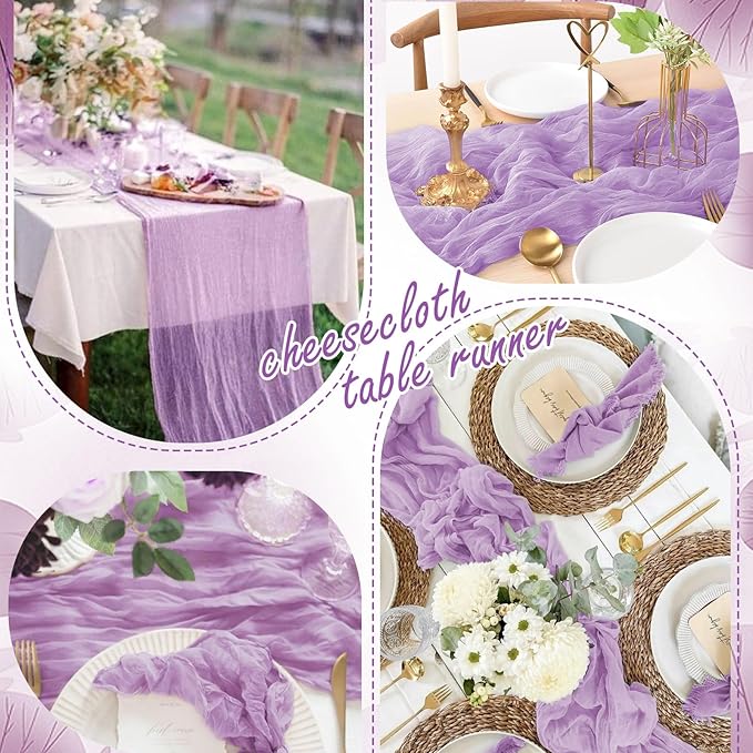 20 Pack Lilac Cheesecloth Table Runner 10FT Long Boho Gauze Fabric Table Runner Vintage Rustic Sheer Runners for Wedding Party Bridal Baby Shower Table Decorations