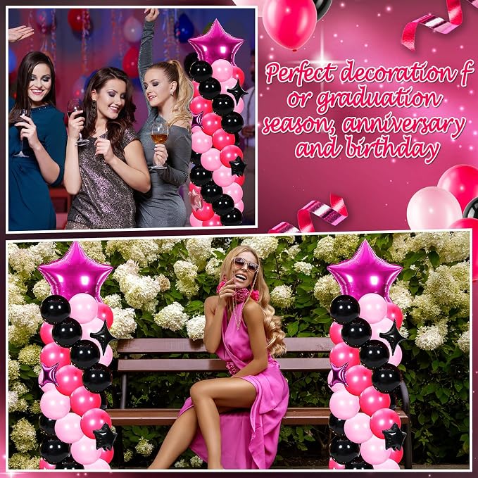 Gejoy 110 Pcs Pink Rose Red Black Balloons Column Stand Kit Adjustable Tower Stand from 1.4 to 6.6 ft with Bases for Back to School Wedding Birthday Baby Shower Party