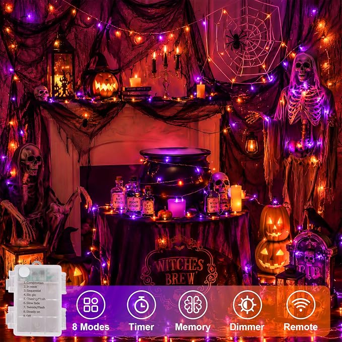 QITONG 2 Pack Battery Operated Halloween Lights, Each 33ft 100 LED Orange and Purple String Lights Outdoor Waterproof with Remote, Clear Wire Christmas Twinkle Lights with 8 Modes Indoor