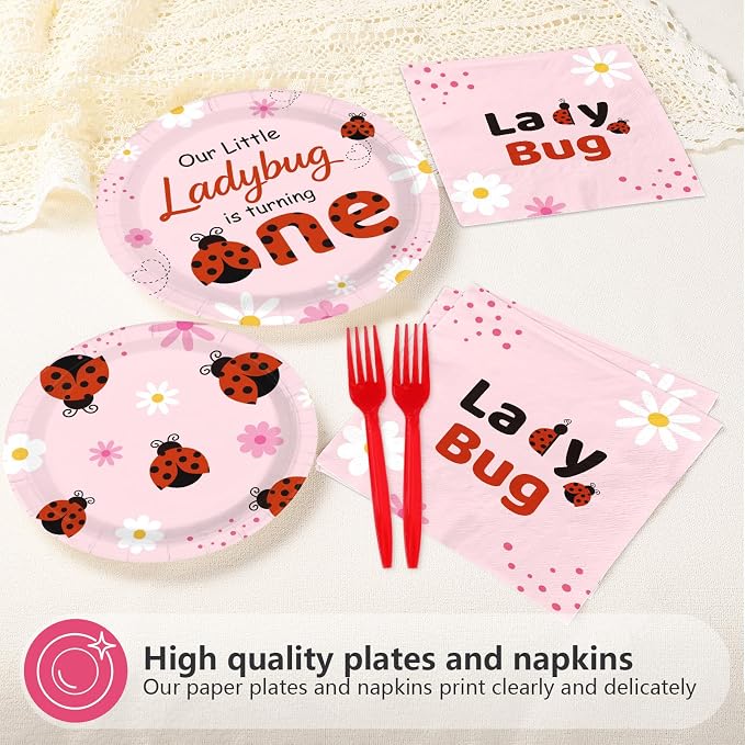 96 Pcs Ladybug 1st Birthday Decorations Pink Bug Plates and Napkins Disposable Tableware Set Cute Bug First Birthday Decoration for One Year Old Girls Ladybug Theme Birthdays Party Supplies Serves 24
