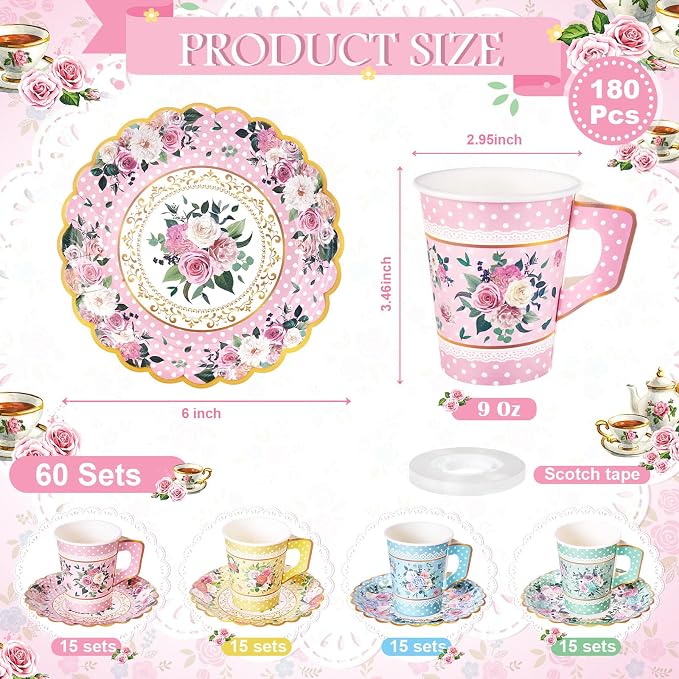 SUMMORO 180 Pcs Floral Paper Tea Cups and Plates 9 OZ Disposable Paper TeaCups and Saucers with Tea Party Napkins Set for Tea Party Decoration Birthday Wedding Bridal Shower Party Supplies