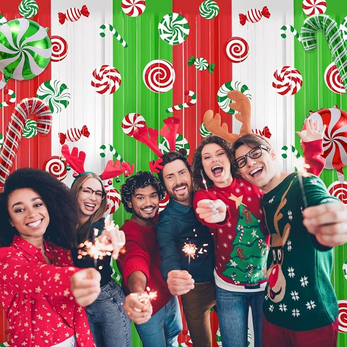 Blosssound 4 Packs Christmas Party Decorations 3.3 x 6.6 ft Candy Cane Theme Foil Fringe Curtain Xmas Holiday Tinsel Streamers for Xmas Winter Holiday Baby Shower Decoration(4 Packs, Christmas Candy)