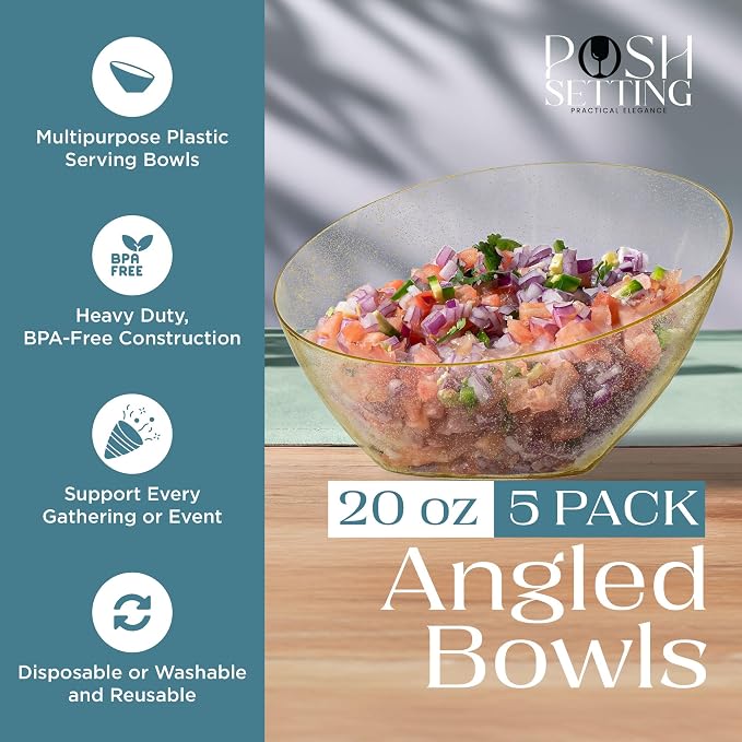 Posh Setting - Gold Plastic Serving Bowls for Party Angled Bowls Disposable Chip Bowls Candy Bowls for Party Table Salad and Fruit Bowls for Wedding Serving Bowls - Gold Glitter, 20 OZ, 5 Pack