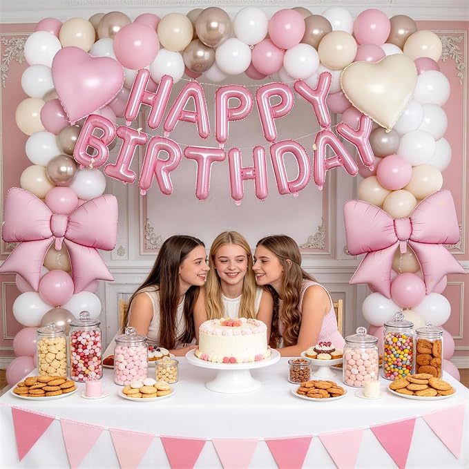 Boho Dusty Pink Bow Birthday Decorations for Women Girls, Blush Champagne Gold Sand White Cream Balloons Happy Birthday Banner Pink Coquette Foil Balloons Heart Balloon for Bday Party Supplies