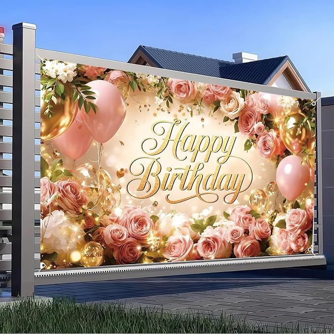 Happy Birthday Backdrop Banner for Women Girls Princess Pink Floral Flower Wall Rose Gold Balloon Party Decorations Photography Background Supplies Decor Fabric Photo Booth Props 8x6ft