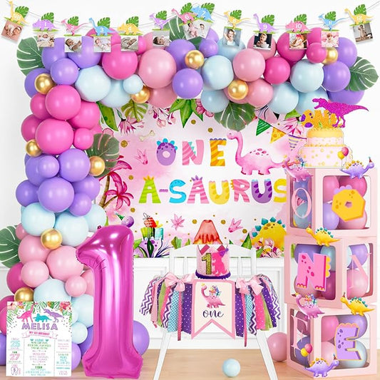 One a Saurus Birthday Decorations - Pink Dinosaur Party Pack for 1st Birthday Girl, Includes Backdrop, Balloon Banner, Cake Topper, Box Cutout, Crown