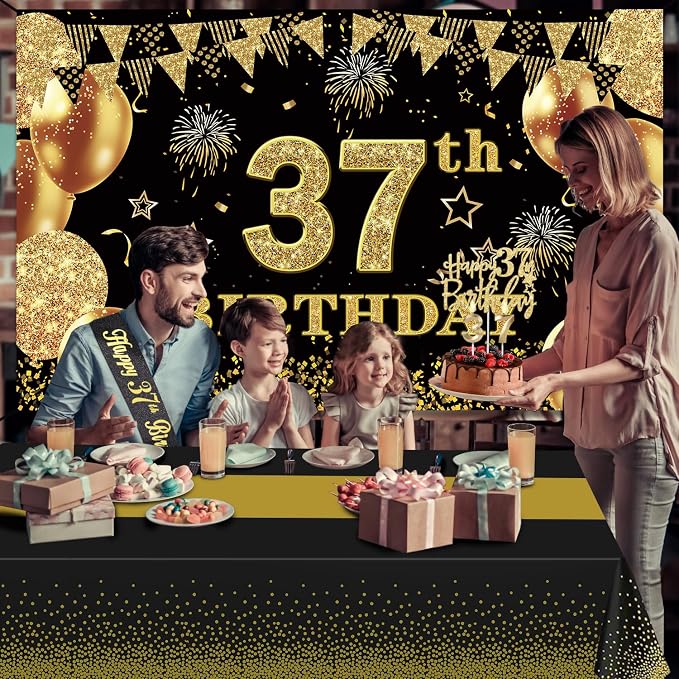 37th Birthday Decorations Men Women with 37th Birthday Banner, Black and Gold Table Cloth, Number Balloons, Large Sash, Cake Topper and Candles