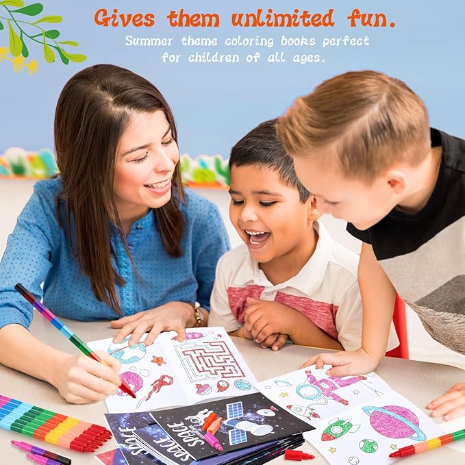 BenLouis 24 Outer Space Mini Coloring Books Kids with 24 Stacking Crayons Astronaut Party Favors Activity Books Bulk for Kids Solar System Galaxy Alien Goodie Bag Gift Stuffer Classroom Reward