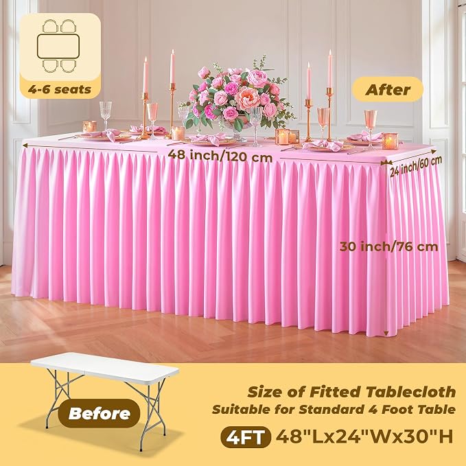 Pink Polyester Table Cloths for Rectangle 4 Foot Tables, 2 Pack Wrinkle Free Tablecloths Stretchy Banquet Ruffle Fitted Table Cover Desk Skirt for Parties Wedding Birthday Baby Shower