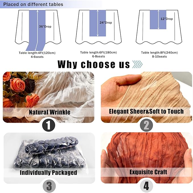 12 Pack Light Pink Cheesecloth Table Runner 22x120 Inch-Naturally Dyed Colors Sheer Gauze Cheese Cloth Wedding Table Runner,Rustic Boho Crinkle Fabric, Reception, Bridal Shower,Farmhouse Dining Decor