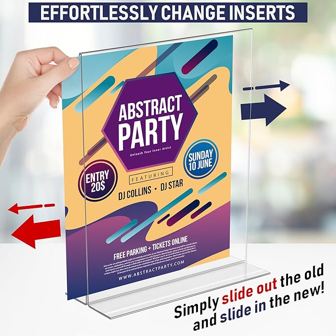 Acrylic Sign Holder 8.5 x 11, T-Shape Tabletop Display Stand, Double-Sided Bottom Load Portrait Frame, Menu and Ad Holder for Restaurants, Promotions, Photos, or Classrooms, Durable Design (3 Pack)
