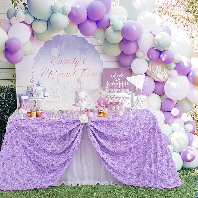 Fanqisi Lavender Tablecloth 50x80 Inches Rosette Satin Tablecloth 3D Rosette Rectangle Table Cover Wedding Banquet Party Baby Shower Decor Table Cloth