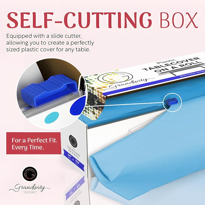 Grandipity Plastic Tablecloth Roll - 54in x 100 Ft. Sky Blue Plastic Table Cloths for Parties Disposable with Cutter Box - Cut to Size Disposable Tablecloth Table Cover for Rectangle & Round