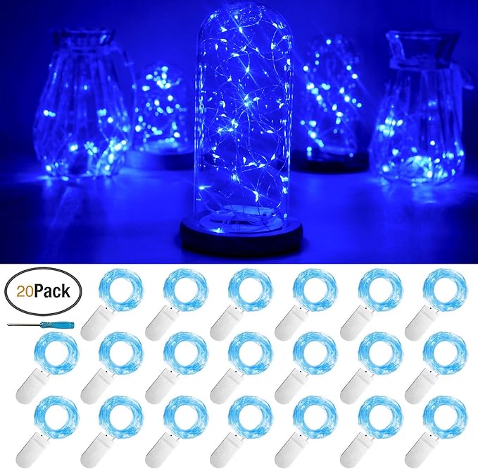 20 Packs Fairy String Lights, 6.6FT 20 LEDs Battery Operated Silver Copper Wire Starry String Light for DIY Party Christmas Costume Wedding Easter Table Decorations (Blue)