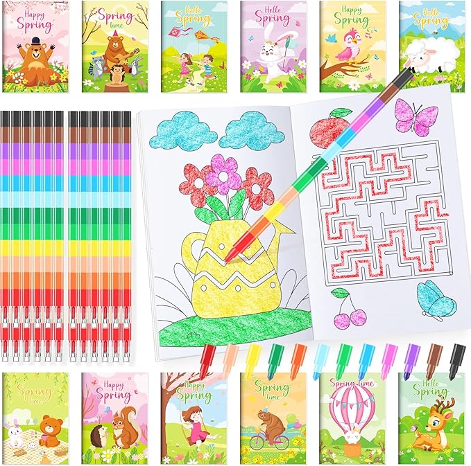 BenLouis 24 Spring Mini Coloring Books Kids with 24 Stacking Crayons Easter Party Favors Activity Books Bulk for Kids Butterfly Flower Bee Birthday Goodie Bag Gift Stuffer Classroom Reward