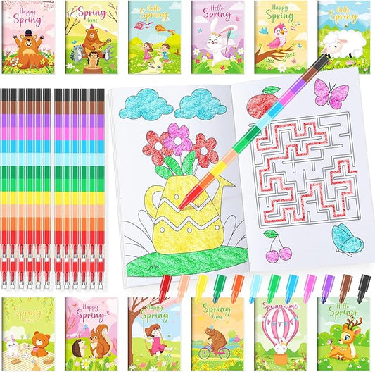 BenLouis 24 Spring Mini Coloring Books Kids with 24 Stacking Crayons Easter Party Favors Activity Books Bulk for Kids Butterfly Flower Bee Birthday Goodie Bag Gift Stuffer Classroom Reward