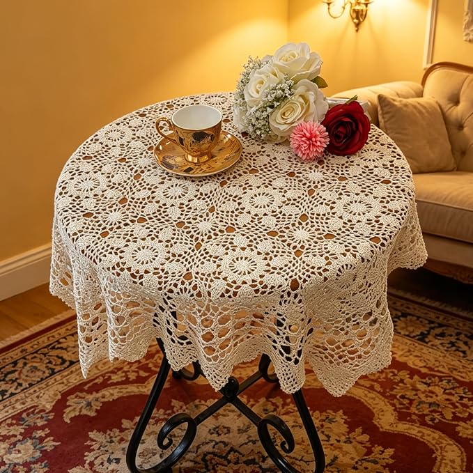 USTIDE 100% Cotton Handmade Crochet Square Tablecloth Beige Doilies Lace Table Covers 31.5 Inch