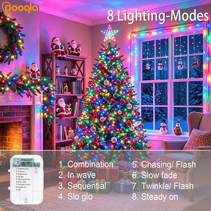 Pooqla 2 Pack String Lights Battery Operated, Total 33.3ft 100 LED Fairy Lights Indoor Outdoor Decorations, 8 Modes Colorful Battery Christmas Lights for Bedroom Classroom Porch Party Yard Decor
