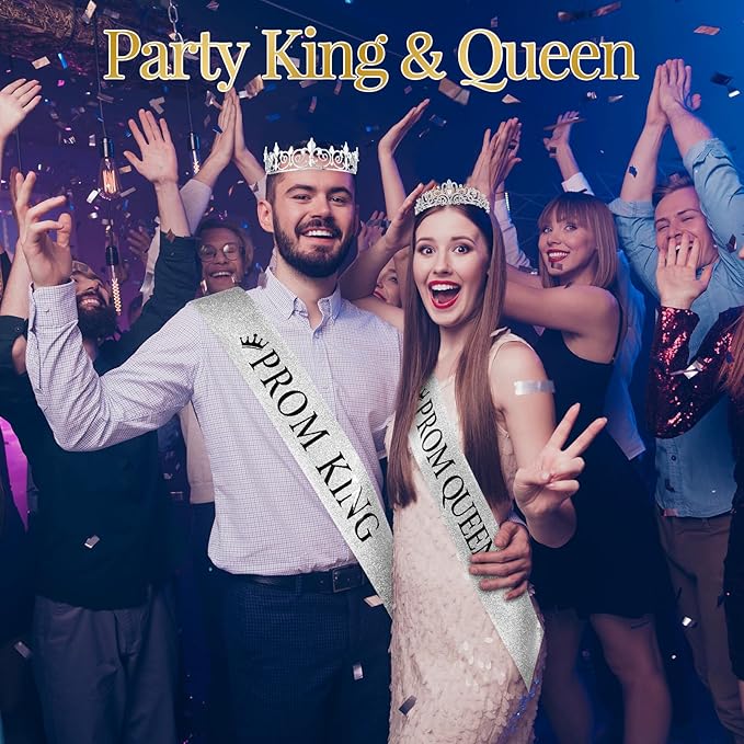 Saintrygo 12 Pcs Prom Crown and Sash Set, Prom King and Queen Tiara Rhinestone Crown Glitter Court Royal Satin Sash for 2026 Graduation Ball Dance Night Party Birthday Accessory(Silver,Stylish)