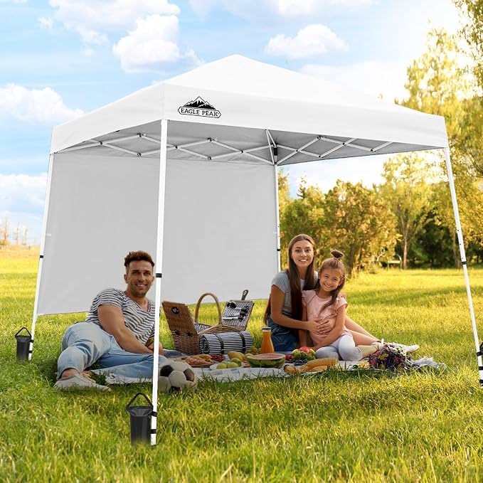 EAGLE PEAK 10x10 Pop Up Canopy Tent with Sidewall, Compact, Portable Slant Leg Instant Sun Shelter for Beach, Sports, & Camping, 10x10 Base 8x8 Top, White