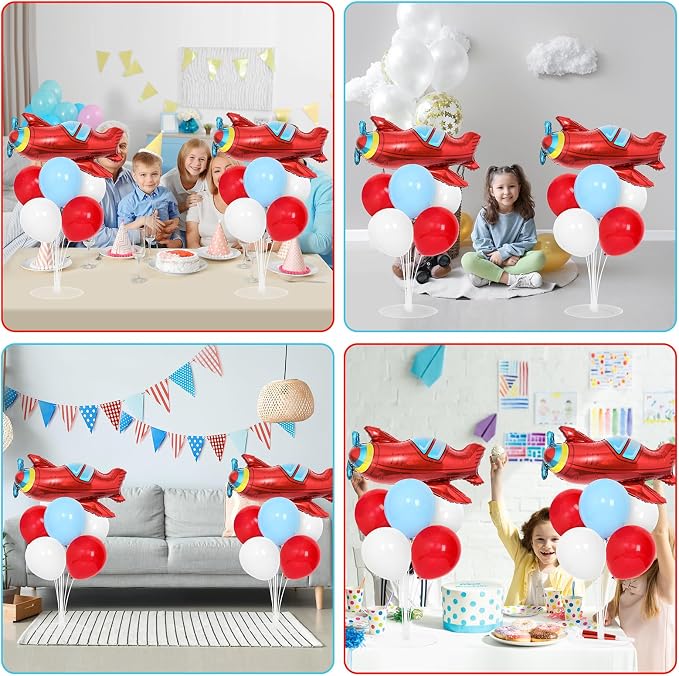Airplane Birthday Party Balloons Stand Kit 2 Sets with 2 Plane Helicopter Foil Balloons Red Blue White Balloon Centerpiece for Tables for Adventure Time Flies Birthday Baby Shower Party Decoration