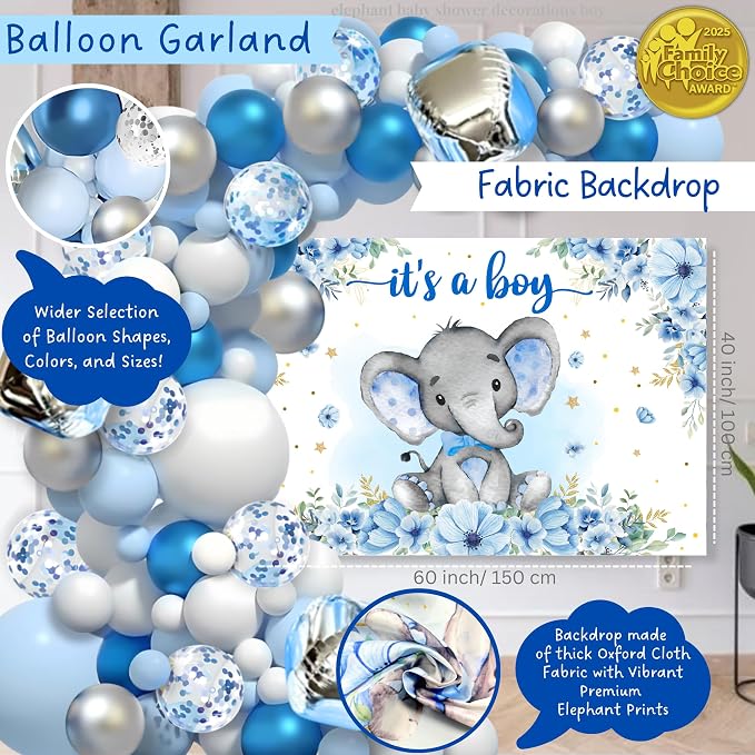 187 Pc Elephant Baby Shower Decorations for Boy - Blue Balloon Garland Kit | 2025 Family Choice Award winner - reusable Oxford-cloth backdrop (not paper), BABY BOY boxes, banner & printable games