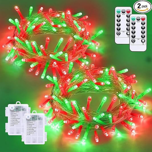 YEGUO Battery Operated String Lights, 2 Pack Each 33ft 100 LED Twinkle Fairy Lights Outdoor Waterproof, 8 Modes Clear Wire Red and Green Christmas Lights Indoor with Remote