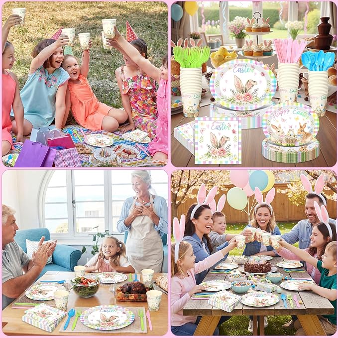 Pajean 350 Pcs Easter Plates Set Bunny Birthday Decorations with 12 Inch Disposable Pastel Easter Oval Plates and Napkins Eggs Heavy Duty Dinnerware for 50 Guests Picnic Spring Party Supplies