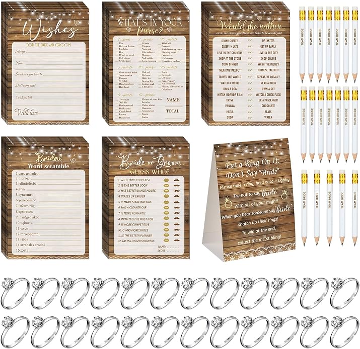 Sosation 331 Pcs Bridal Shower Games Supplies, 5 Sets (50 Cards Each) Wedding Games Cards, 1 Put a Ring on It Bridal Shower Game with 60 Rings and 20 Team Pencils for Wedding Engagement