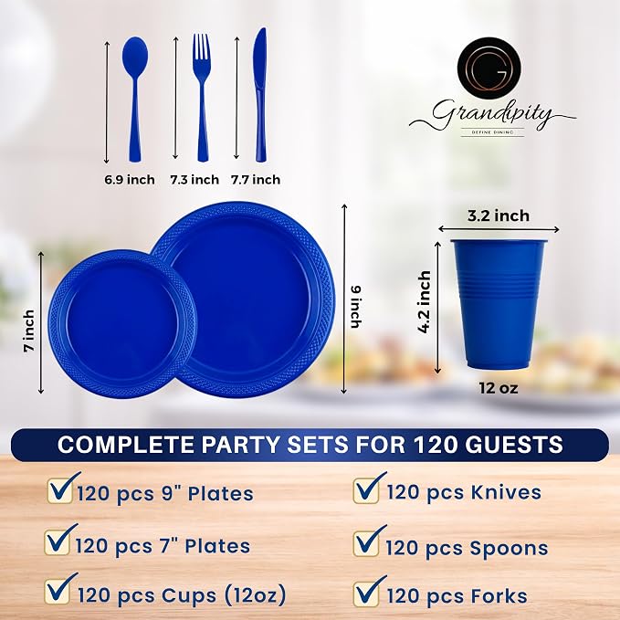 720 Piece Blue Disposable Dinnerware Set (120 Guests) Plastic Dinnerware Set Disposable - 120 Count, 9" Dinner Plates, 7" Dessert Plates, 12oz Cups, Forks, Knives & Spoons- Plastic Party Plates Set