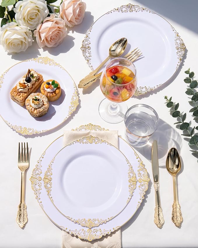 Nervure 175PCS White and Gold Plastic Plates - Disposable Dinnerware Set Include 50 Gold Plates for Dinner and Dessert, 75 Cutlery, 25Cups 25Napkins for Wedding & Party & Mothers Day
