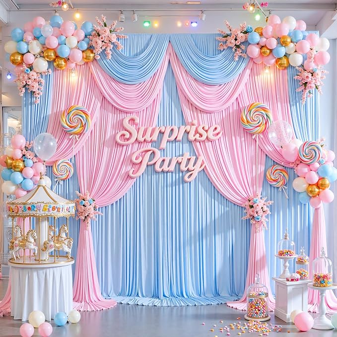 10x8ft Blue Pink Photo Backdrop Curtains for Gender Reveal Wrinkle Free Polyester Photoshoot Curtains Drapes Backdrop for Baby Shower Boy or Girl Birthday Party Photography Background 2 Panels 5x8FT