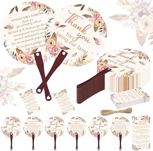 Cinrobiye 100 Sets Wedding Hand Fans Bulk for Guests, Handheld Fans with Thank You Cards, Outdoor Bridal Shower Favors
