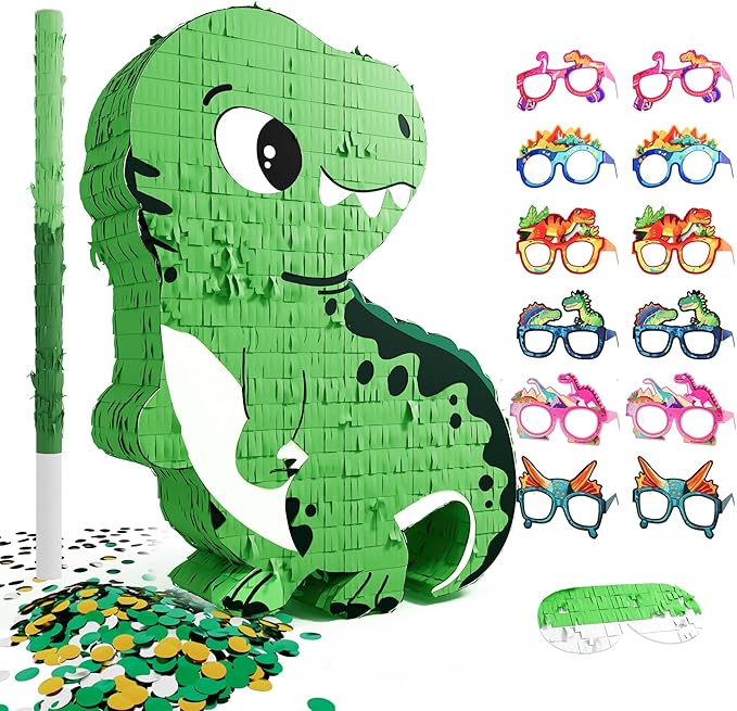 Dinosaur Piñata for Boys, Piñata de Dinosaurio para niños with 12pcs Paper Glasses, Confetti, Wood Stick and Blindfold, Dino Piñata for Birthday Party Decorations (16"*13"*3.5")