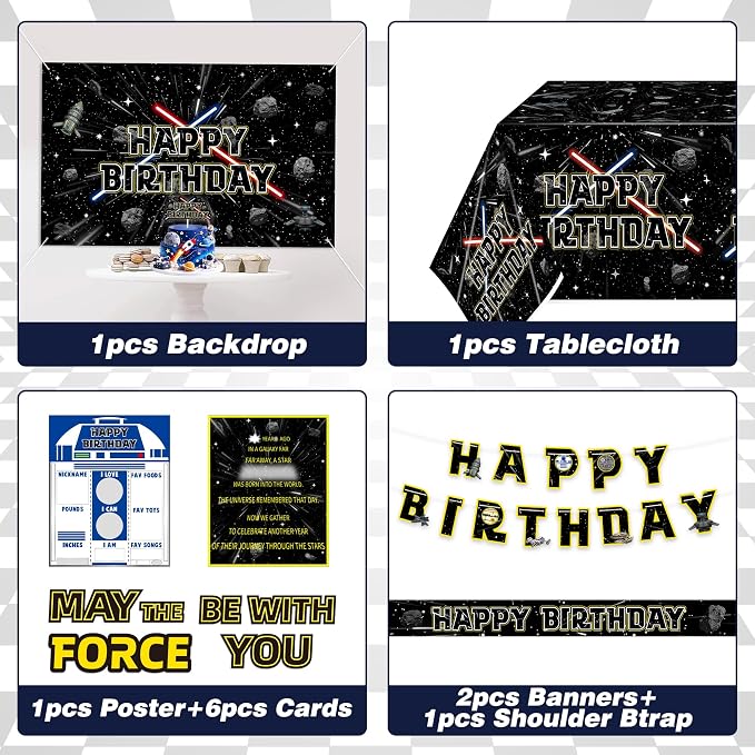 Galaxy Star Birthday Decorations Set - Space Themed Party Supplies | With Arch Balloon, Long Balloons, Backdrop, Tablecloth, Birthday Hat, Cake Topper, Banner, Sash, Poster, Balloon Boxes, Cards