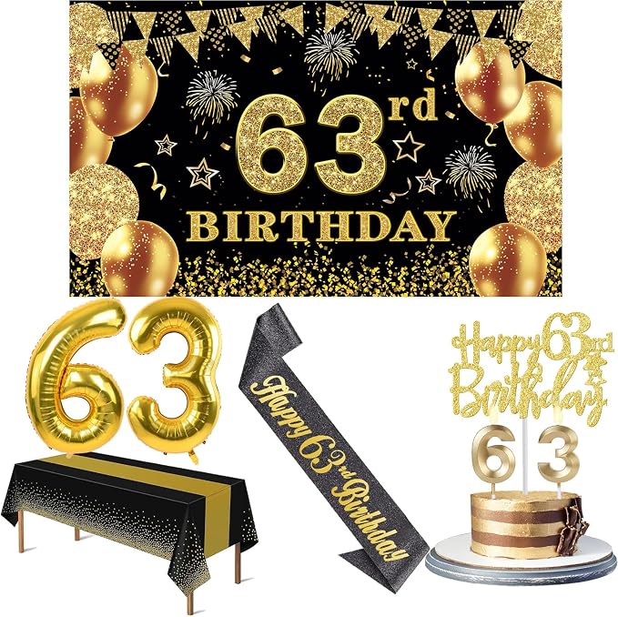 63rd Birthday Decorations Men Women with 63rd Birthday Banner, Black and Gold Table Cloth, Number Balloons, Large Sash, Cake Topper and Candles