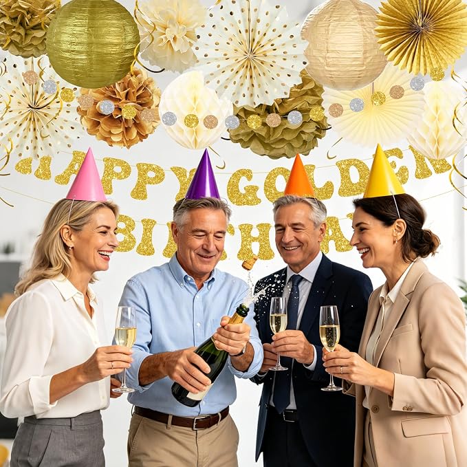 Golden Birthday Party Decorations,Gold Birthday Decorations with Happy Golden Birthday Banner,Paper Lanterns,Tissue Pom Poms,Fan,Gold Cream Balloons for Women Men,Photo Backdrop Decor,Gold Party