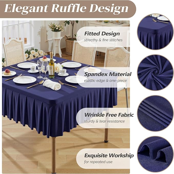 2 Pack Navy Blue Spandex Tablecloths for 34x34 Inch Square Tables, Stretch Fitted Table Clothes with Pleated Ruffle Skirt for 34” Table, Wrinkle Free and Elastic, for Party Kitchen Home Dining