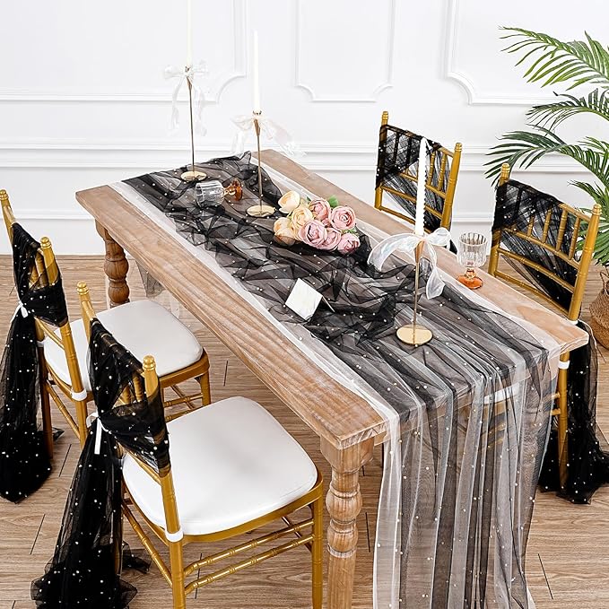 Pearl Gauze Tulle Table Runner: Black 120 Inch 10FT Seasonal Sheer Dining Holiday Wedding Birthday Baby Shower Table Decor for Home Party Indoor Outdoor