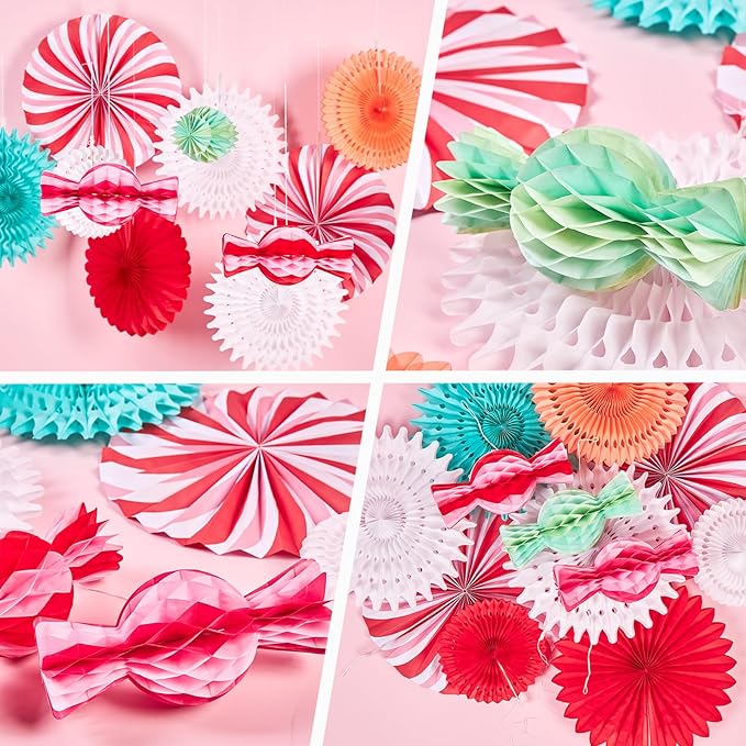 PAPER JAZZ 12pcs Candy Paper Fans Christmas Decoration,Candy Honeycomb Christmas Decorations,White and Red Xmas Decoration Wall/Ceiling for Classroom,Bulletin Board,Winterwonderland,Office Decor.