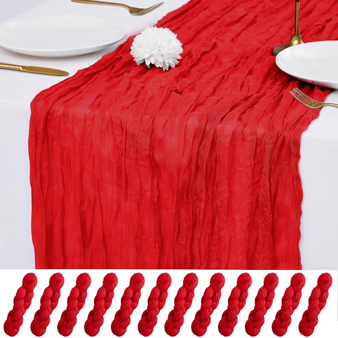 12 Pack Red Cheesecloth Table Runner 21x120 Inches, Boho Gauze Rustic Semi Sheer Cheese Cloth Table Runners for Easter Spring Wedding Bridal Baby Shower, Birthday Party, Long Farmhouse Table Decor