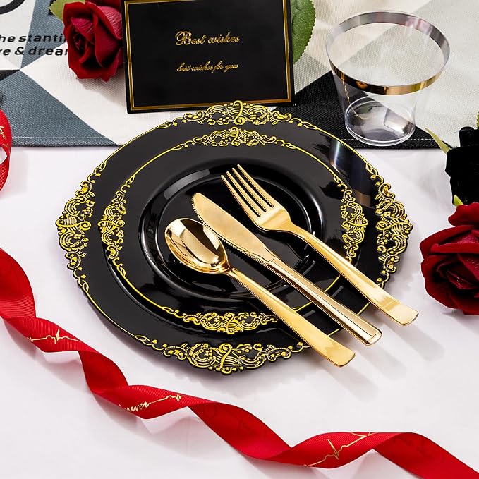 Nervure 600PCS Gold Plastic Dinnerware - Black and Gold Disposable Plates for 100 Guests - 200 Disposable Plates, 300 Plastic Silverware, 100 Cups for Wedding & Party