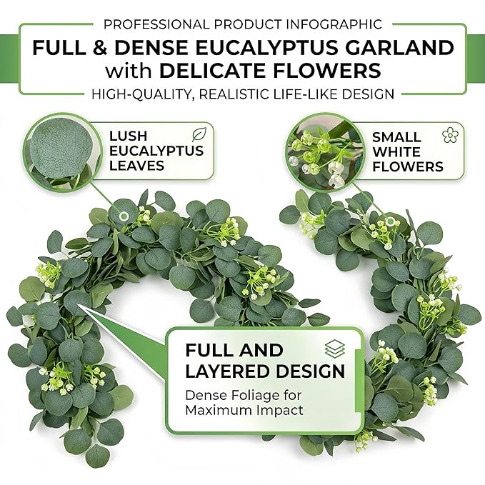 Artificial Eucalyptus Garland 4 Pack, Faux Eucalyptus Greenery Garland 6 ft, Realistic Eucalyptus Vine with Flowers for Wedding Table Centerpiece Mantel Fireplace Indoor Outdoor Decor