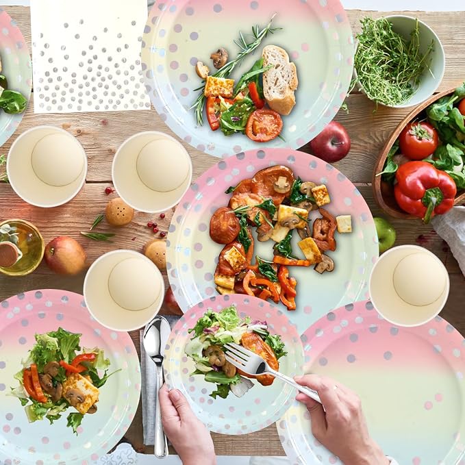 400Pcs Disposable Party Dinnerware Set, Paper Tableware Set, Disposable Party Supplies Happy Birthday Paper Plates, Napkins, Cups, Plastic Forks Knives Spoons Straws Favor for 50 Guests