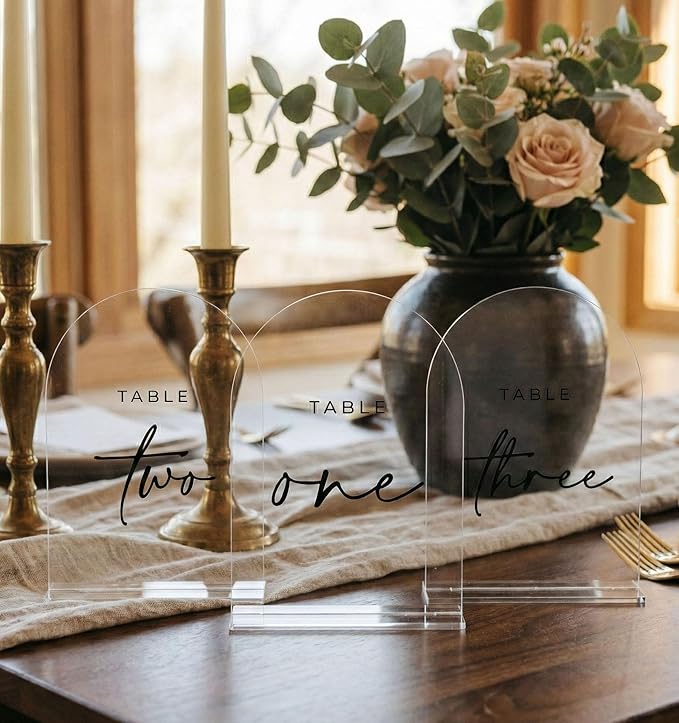 Clear Wedding Table Numbers 1-20 with Stands, 5x7 Inch Clear Arched Table Sign with Raised Black Numbers, Acrylic Arch Table Numbers for Wedding Reception, Party, Banquet and Event