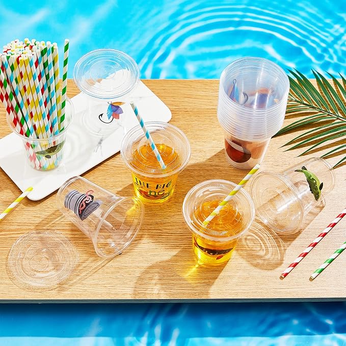 Qinyoung 60 Sets Watercolor Gone Fishing Party Cups with Lids and Paper Straws 14 oz Disposable Clear Plastic Cups Bulk for Gone Fishing Birthday Party Favor Supplies Decorations