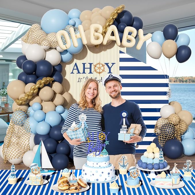 Party Inspo Ahoy It’s a Boy Baby Shower Decorations for Boy – 133 PCs Nautical Theme Party Supplies with Backdrop, Balloon Garland, Banner, Tablecloth, Poster, Cake Topper, Sash and Badges