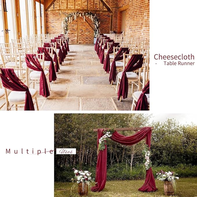 10 Pack Christmas Table Runner 10FT Burgundy Cheesecloth Table Runner 35 x 120 Inch Long Semi-Sheer Gauze Fabric Boho or Rustic Wedding Table Decor for Bridal Shower Baby Shower Holiday Party